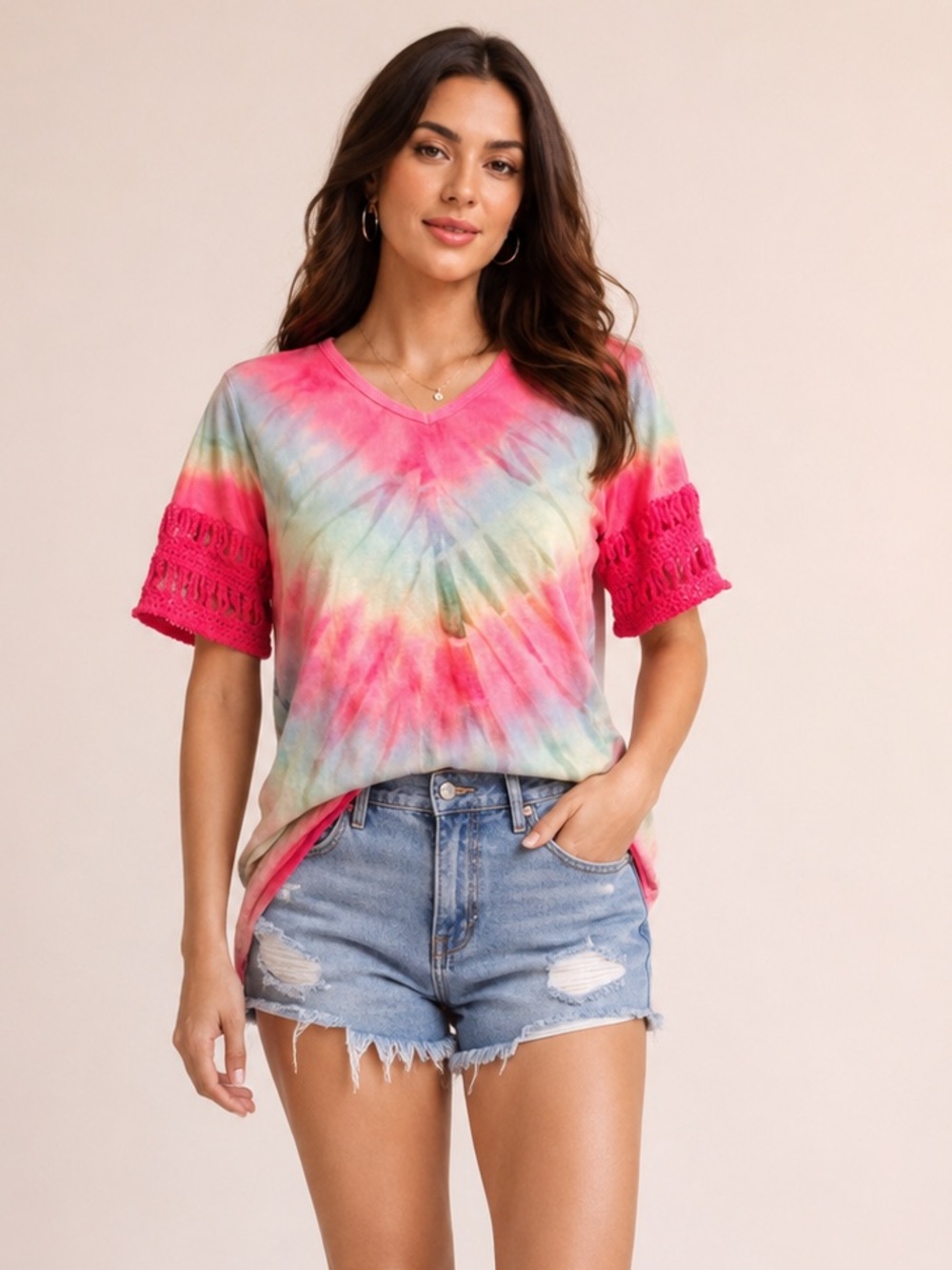 Hard Tail Refashioned Tie Dye Crochet sleeves Tee shirt size small